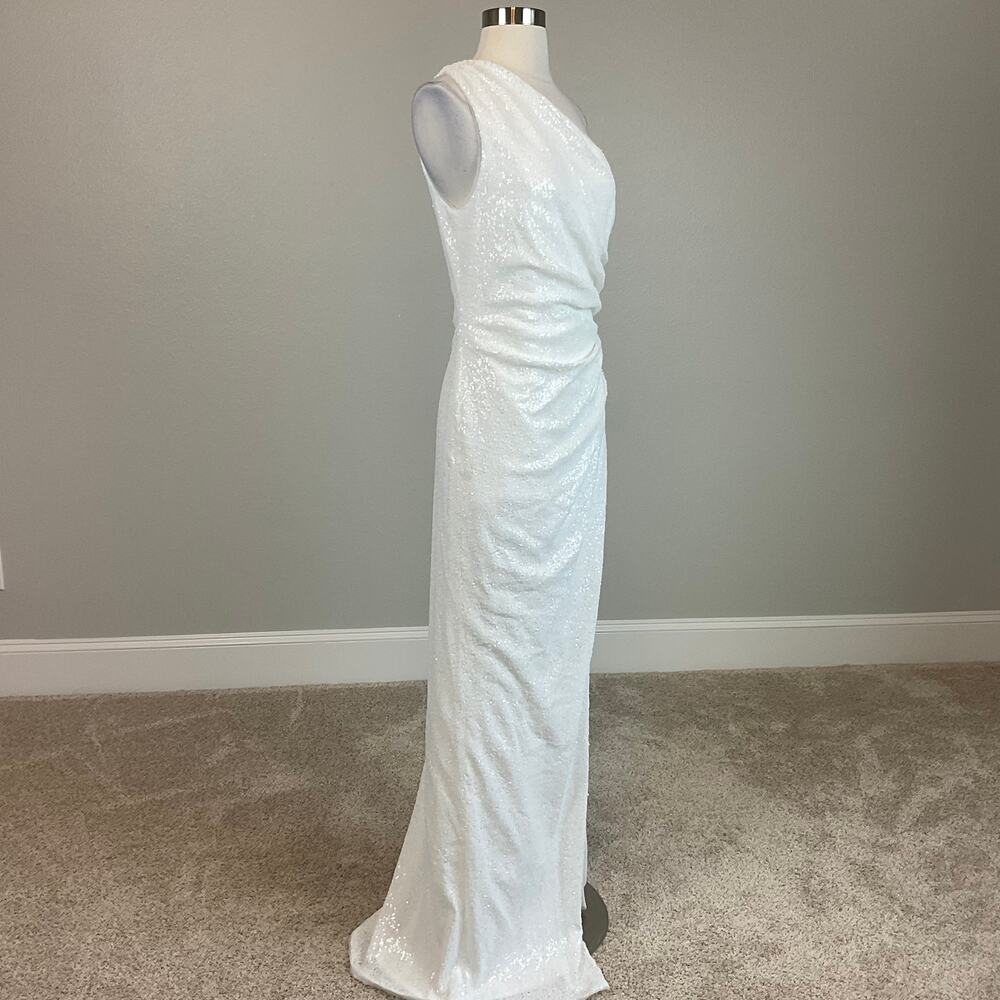 AQUA White Evening Gown Sequin One Shoulder Thigh Slit Long Formal Column Dress - Picture 5 of 12